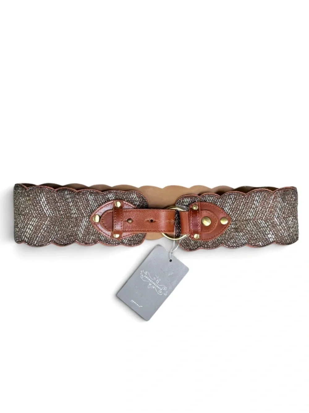 NWT Anthropologie Jasper & Jeera Corset Brown Leather Beaded Boho Belt, Sz Small